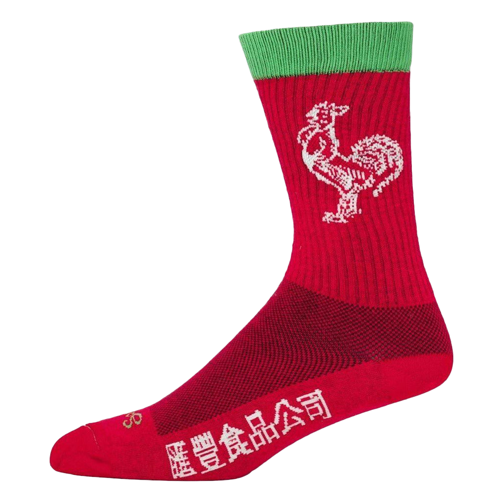 Red crew socks with a white rooster logo and green top cuff.  Huy Fong Sriracha branding is visible.