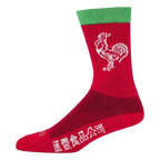 Red crew socks with a white rooster logo and green top cuff.  Huy Fong Sriracha branding is visible.