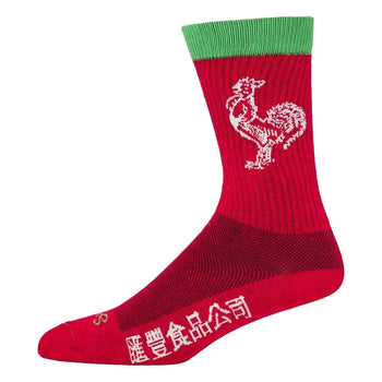 Red crew socks with a white rooster logo and green top cuff.  Huy Fong Sriracha branding is visible.