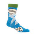 Crew socks in blue with white cloud design and 'Look Within The Fridge' text in speech bubble. Green top cuff.