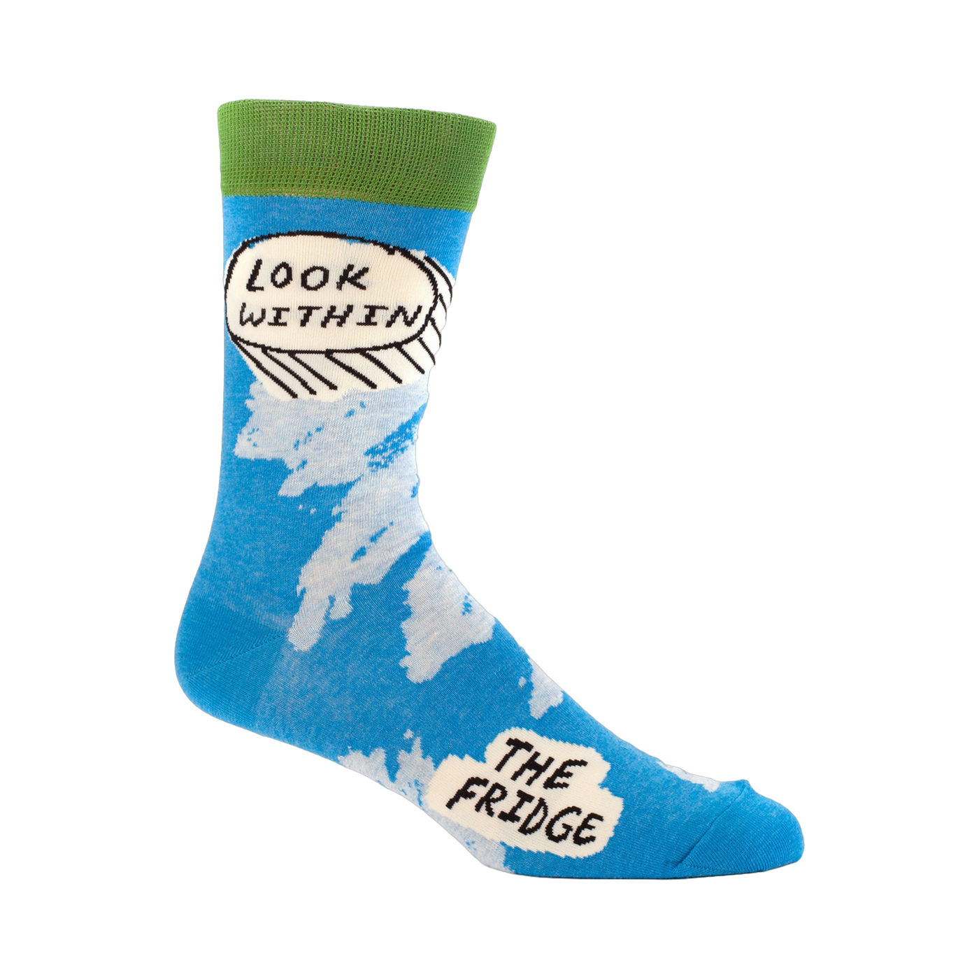 Crew socks in blue with white cloud design and 'Look Within The Fridge' text in speech bubble. Green top cuff.