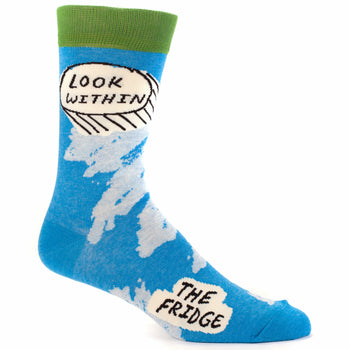 Crew socks in blue with white cloud design and 'Look Within The Fridge' text in speech bubble. Green top cuff.