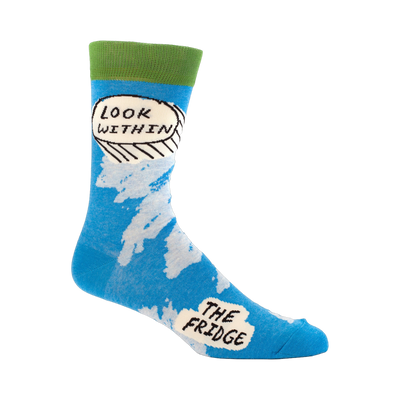 Crew socks in blue with white cloud design and 'Look Within The Fridge' text in speech bubble. Green top cuff.