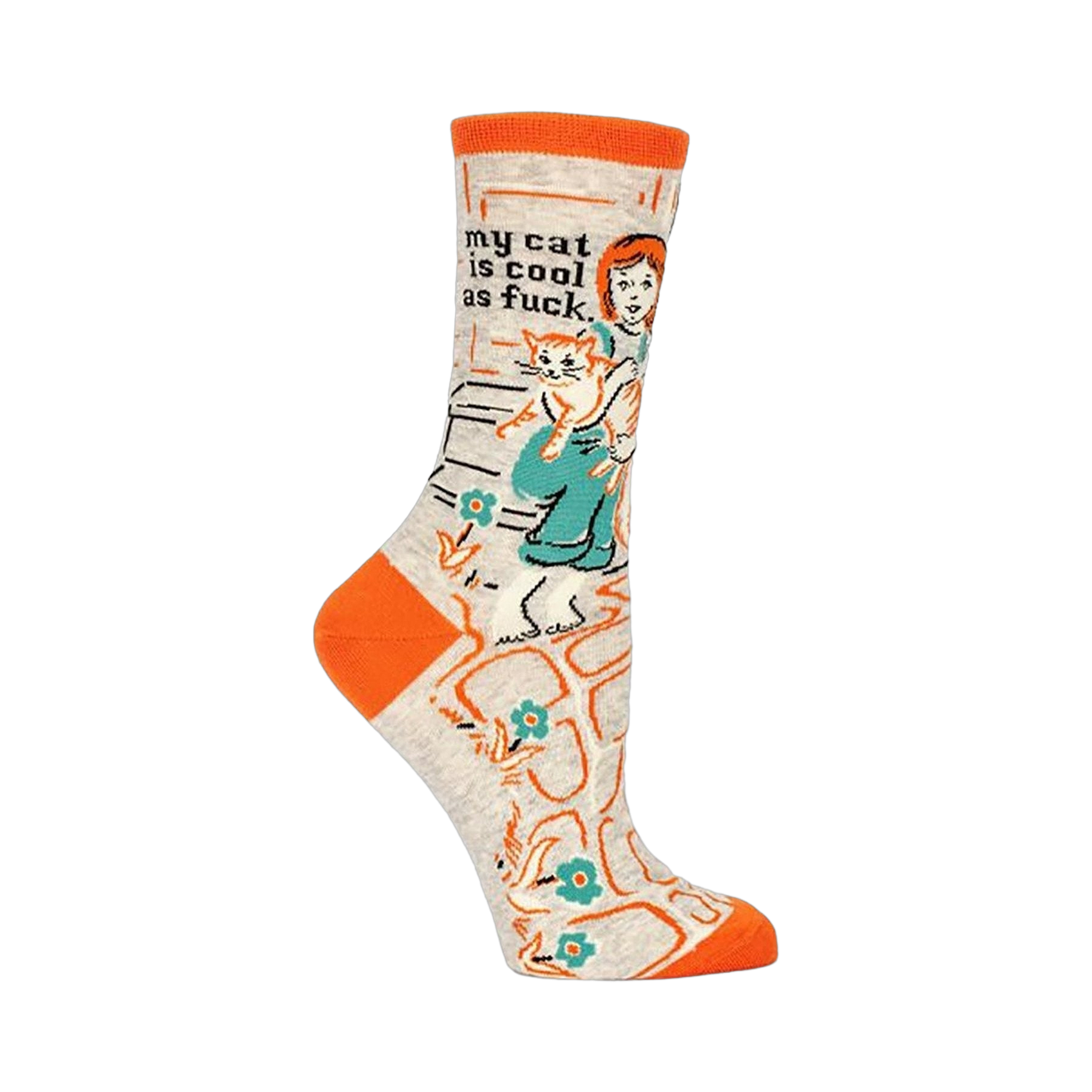 Crew socks in grey, orange, and teal.  Illustration of a girl carrying a cat, with text 'My cat is cool as f*ck'.