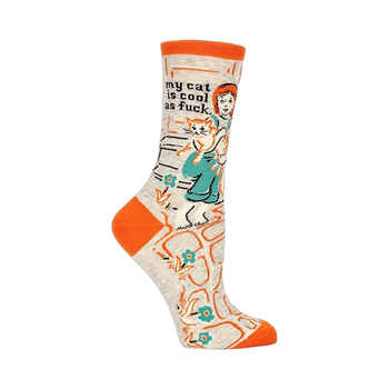 Crew socks in grey, orange, and teal.  Illustration of a girl carrying a cat, with text 'My cat is cool as f*ck'.