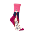 Crew socks in pink, burgundy, and navy blue.  Features a rocket launching design and the text 'Heading To My Next Mistake'.
