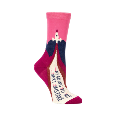 Crew socks in pink, burgundy, and navy blue.  Features a rocket launching design and the text 'Heading To My Next Mistake'.