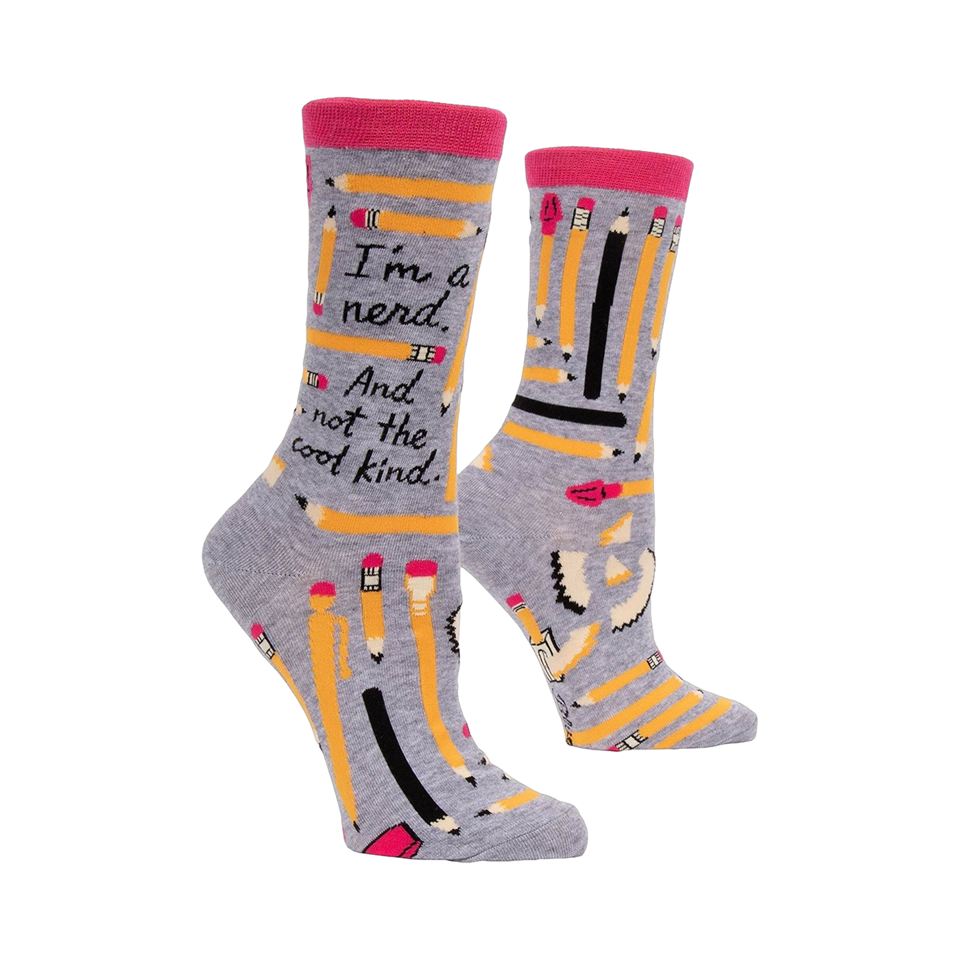 A pair of gray crew socks with a pink band at the top.  The socks are adorned with yellow pencils and the text, 'I'm a nerd. And not the cool kind.'