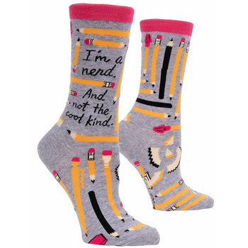 A pair of gray crew socks with a pink band at the top.  The socks are adorned with yellow pencils and the text, 'I'm a nerd. And not the cool kind.'