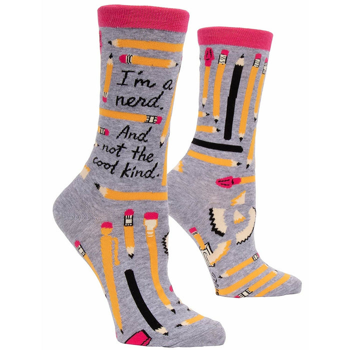 A pair of gray crew socks with a pink band at the top.  The socks are adorned with yellow pencils and the text, 'I'm a nerd. And not the cool kind.'