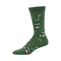 A green crew sock with whimsical illustrations of golf carts, flags, and golf balls scattered across the sock.