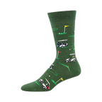 A green crew sock with whimsical illustrations of golf carts, flags, and golf balls scattered across the sock.