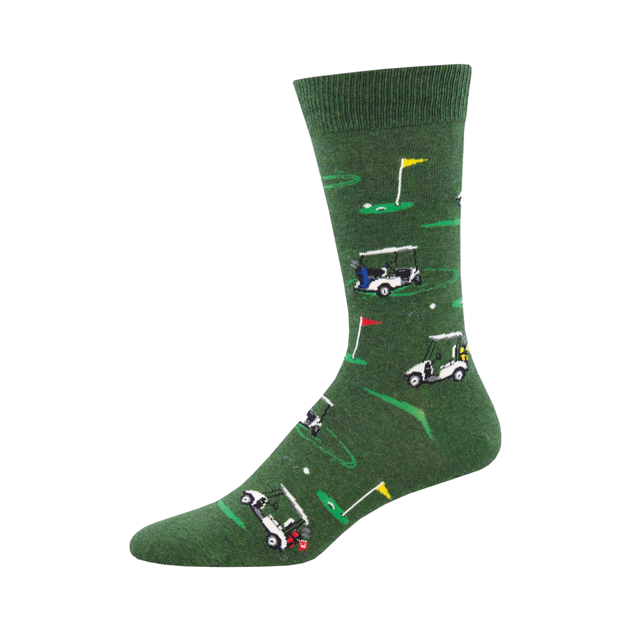 A green crew sock with whimsical illustrations of golf carts, flags, and golf balls scattered across the sock.