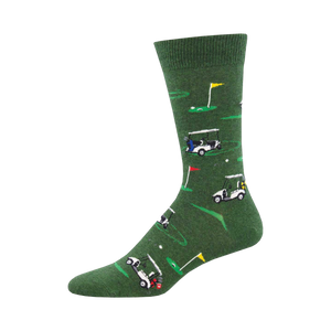 A green crew sock with whimsical illustrations of golf carts, flags, and golf balls scattered across the sock.