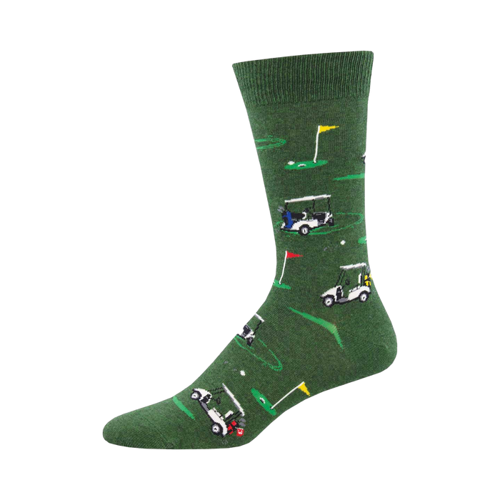 A green crew sock with whimsical illustrations of golf carts, flags, and golf balls scattered across the sock.