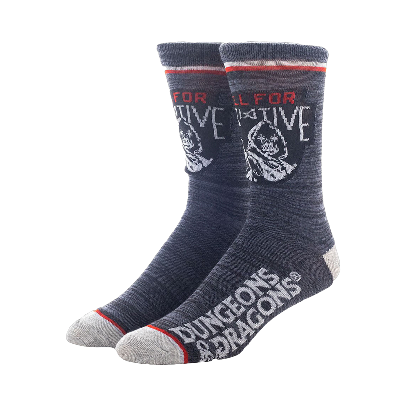 A pair of dark gray Dungeons & Dragons socks with a hooded figure design.  The socks are shown against a white background.