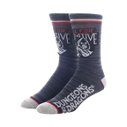 A pair of dark gray Dungeons & Dragons socks with a hooded figure design.  The socks are shown against a white background.
