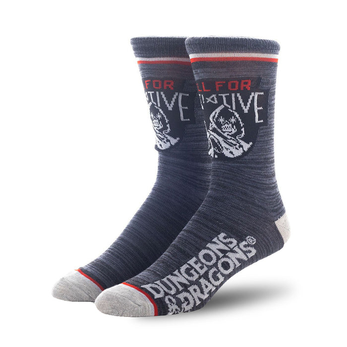 A pair of red and gray crew socks with the Dungeons and Dragons logo in white on the leg.