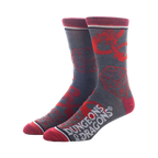 A pair of gray Dungeons & Dragons socks with red dice designs. The socks are presented against a white backdrop.