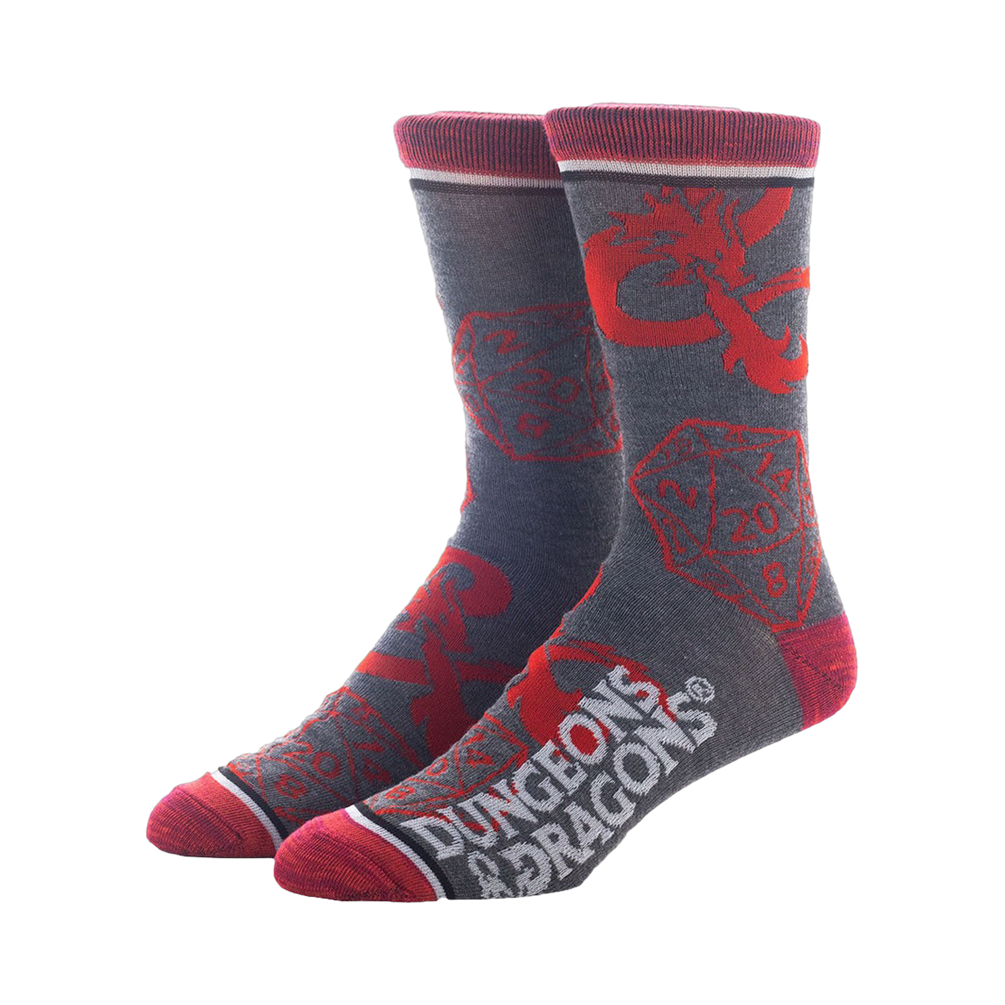 A pair of gray Dungeons & Dragons socks with red dice designs. The socks are presented against a white backdrop.