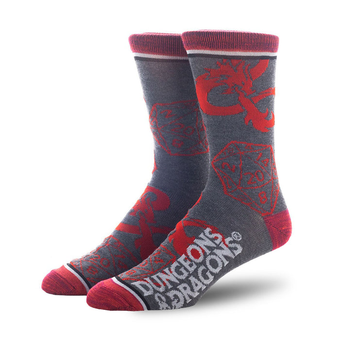 A pair of red and gray crew socks with the Dungeons and Dragons logo in white on the leg.