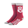 A pair of red Dungeons & Dragons socks featuring the iconic logo.  The image showcases the socks against a white background.