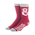 A pair of red Dungeons & Dragons socks featuring the iconic logo.  The image showcases the socks against a white background.