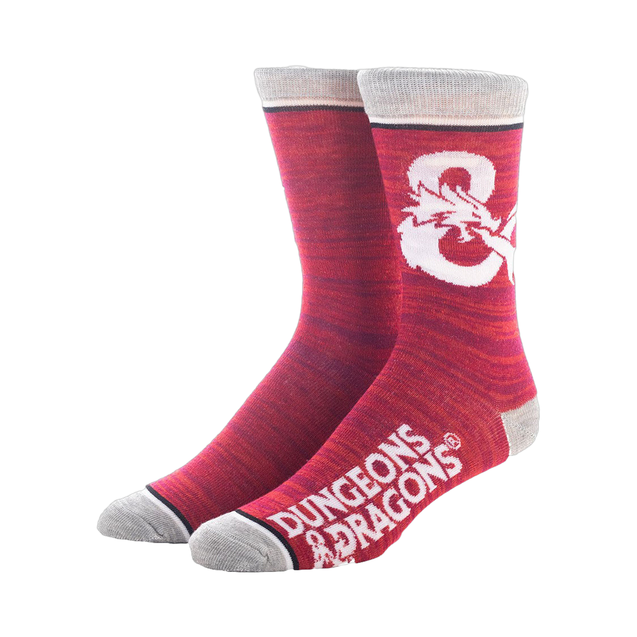 A pair of red Dungeons & Dragons socks featuring the iconic logo.  The image showcases the socks against a white background.