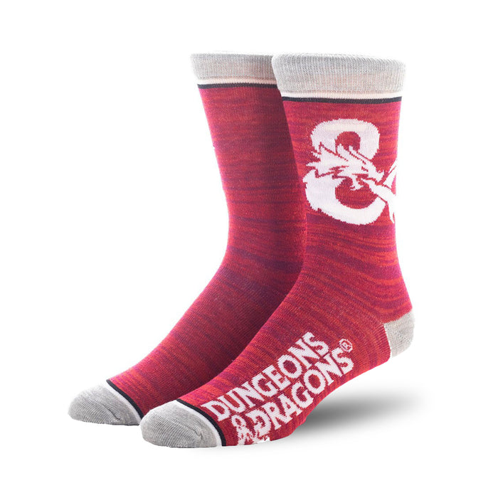 A pair of red and gray crew socks with the Dungeons and Dragons logo in white on the leg.