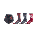 Three pairs of crew socks; one gray with red dice, one dark gray with a hooded figure, one red with the Dungeons & Dragons logo.  Comes in a Dungeons & Dragons dice box.