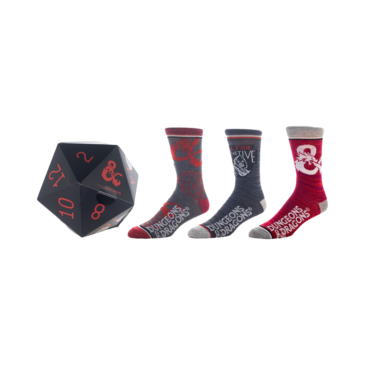 Three pairs of crew socks; one gray with red dice, one dark gray with a hooded figure, one red with the Dungeons & Dragons logo.  Comes in a Dungeons & Dragons dice box.