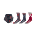 Three pairs of crew socks; one gray with red dice, one dark gray with a hooded figure, one red with the Dungeons & Dragons logo.  Comes in a Dungeons & Dragons dice box.