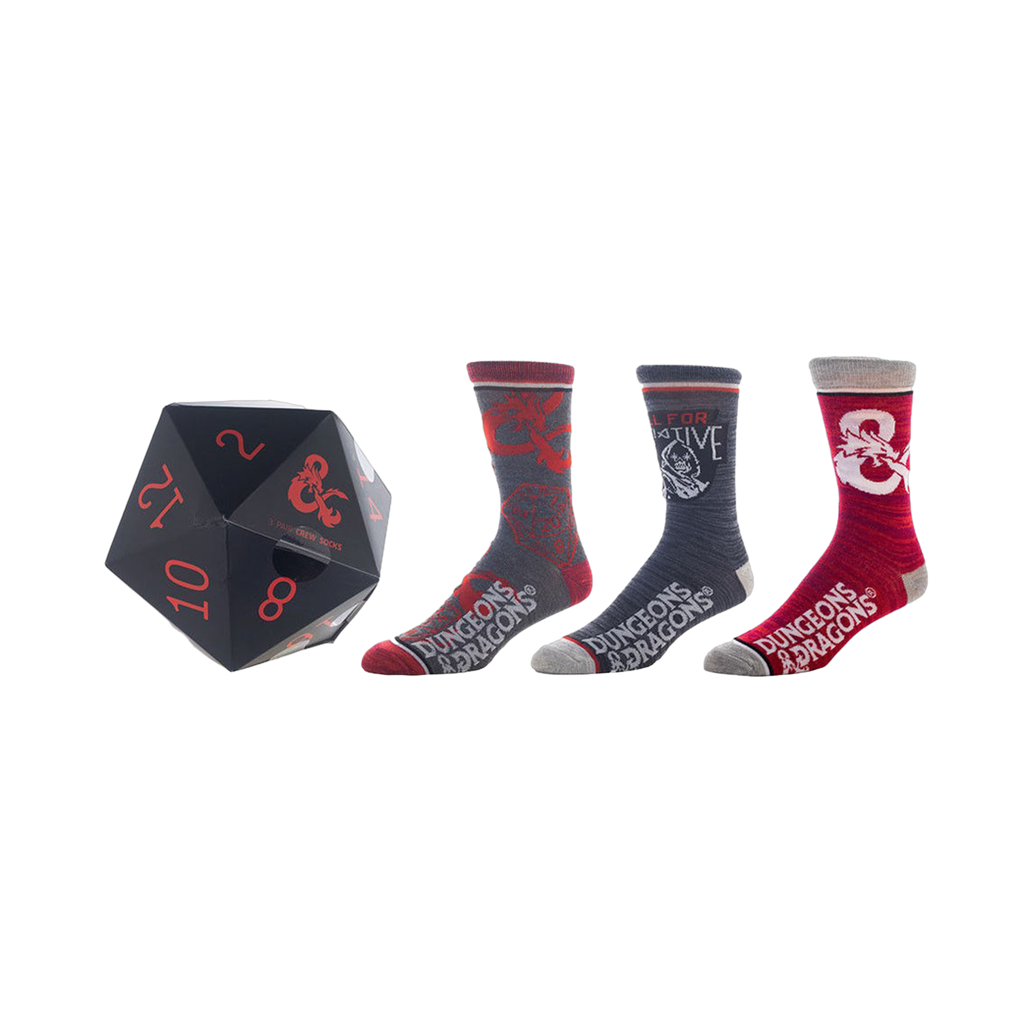 Three pairs of crew socks; one gray with red dice, one dark gray with a hooded figure, one red with the Dungeons & Dragons logo.  Comes in a Dungeons & Dragons dice box.