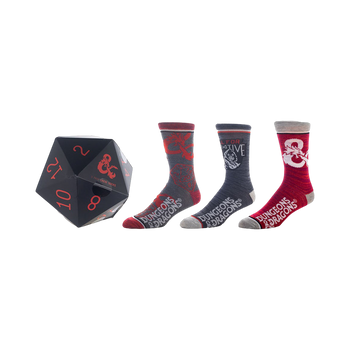 Three pairs of crew socks; one gray with red dice, one dark gray with a hooded figure, one red with the Dungeons & Dragons logo.  Comes in a Dungeons & Dragons dice box.