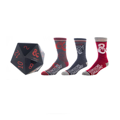 black, gray, and red dungeons & dragons-themed crew socks featuring 20-sided dice pattern and "dungeons & dragons" logo on foot.  