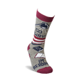 Single grey crew sock with burgundy cuff, showing the full design detail of books and lamp, 'Go Away!' and 'I'm Reading'.