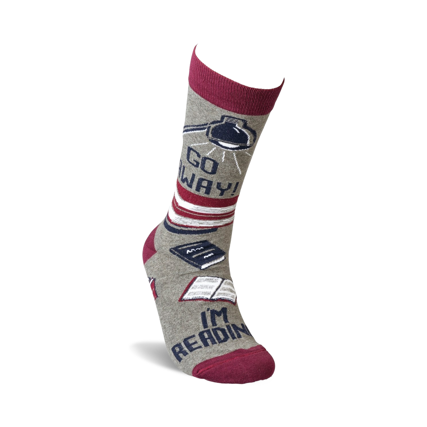 Single grey crew sock with burgundy cuff, showing the full design detail of books and lamp, 'Go Away!' and 'I'm Reading'.