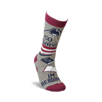 Single grey crew sock with burgundy cuff, showing the full design detail of books and lamp, 'Go Away!' and 'I'm Reading'.