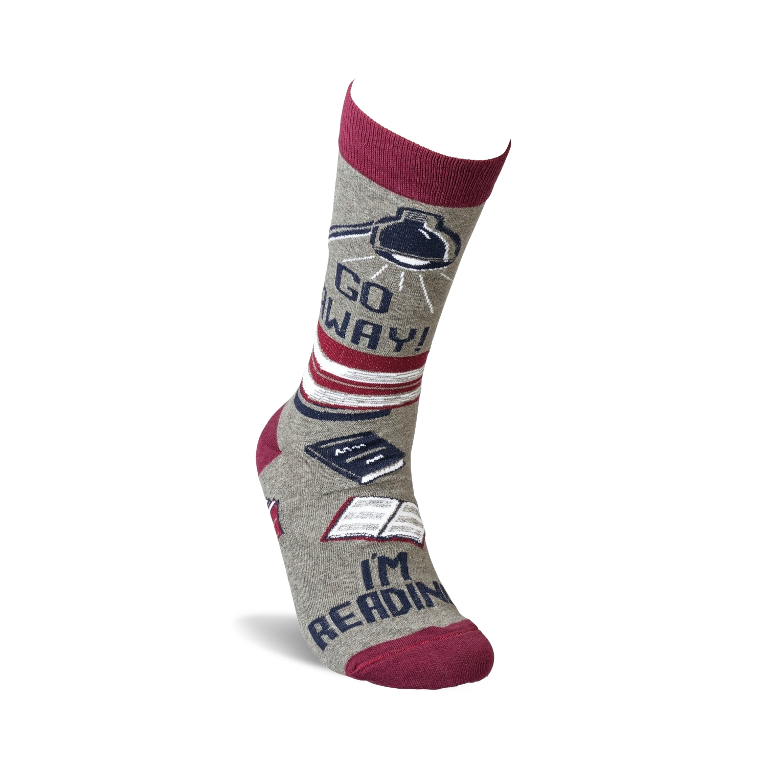 Single grey crew sock with burgundy cuff, showing the full design detail of books and lamp, 'Go Away!' and 'I'm Reading'.