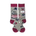 Pair of crew socks in grey, burgundy, and navy. The design features stacked books, a desk lamp, and the text 'Go Away! I'm Reading'.