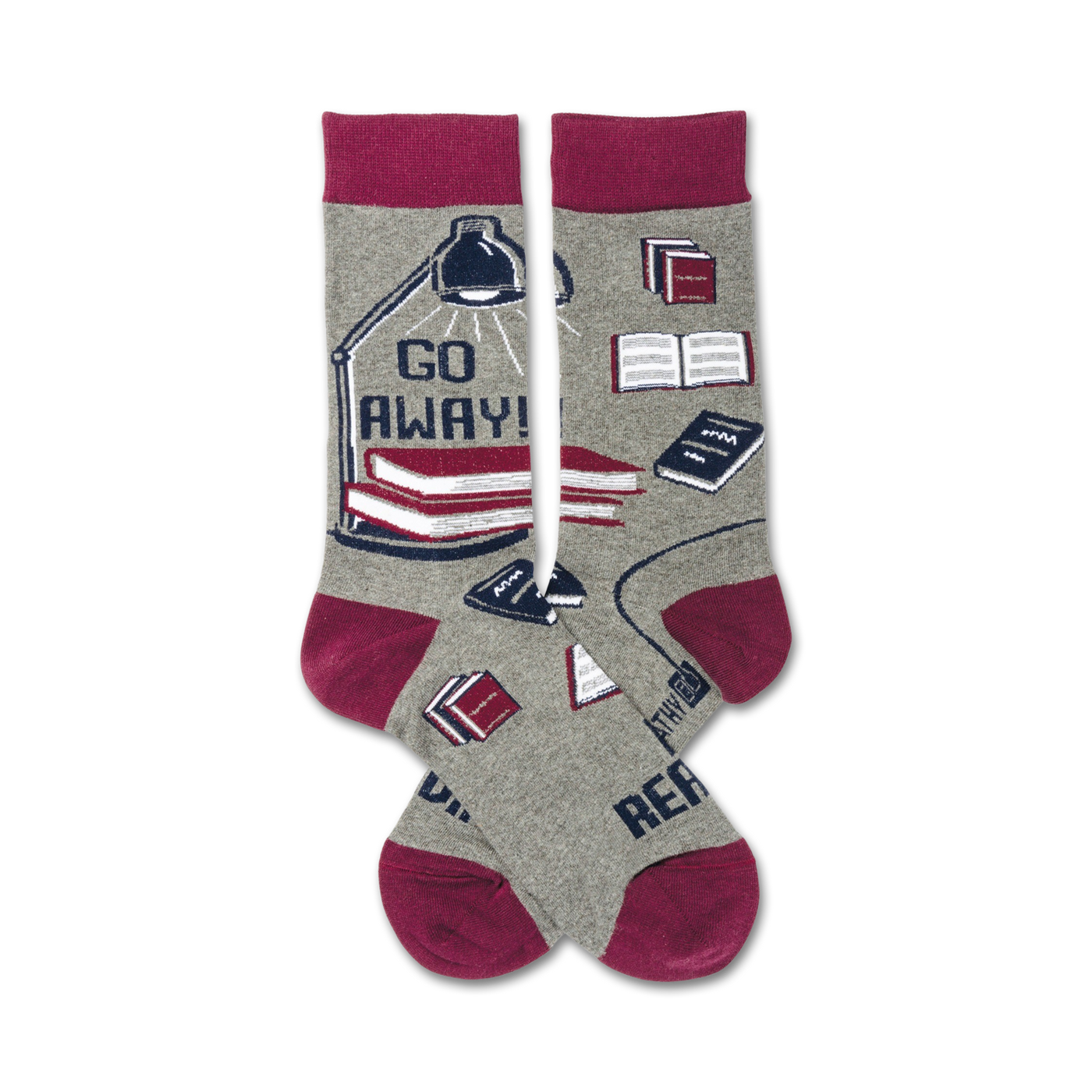 Pair of crew socks in grey, burgundy, and navy. The design features stacked books, a desk lamp, and the text 'Go Away! I'm Reading'.