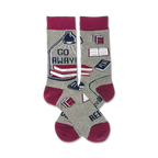 Pair of crew socks in grey, burgundy, and navy. The design features stacked books, a desk lamp, and the text 'Go Away! I'm Reading'.