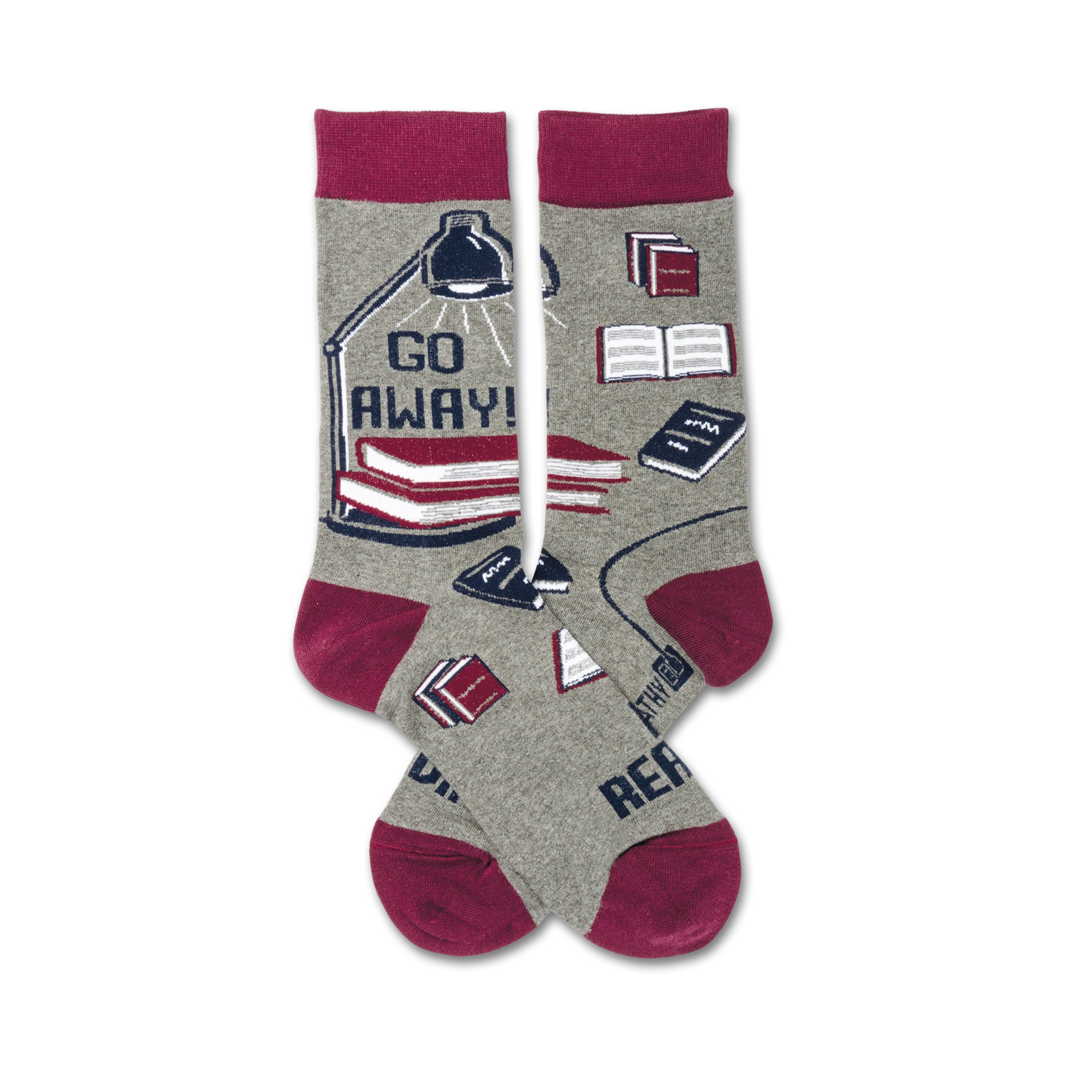 Pair of crew socks in grey, burgundy, and navy. The design features stacked books, a desk lamp, and the text 'Go Away! I'm Reading'.
