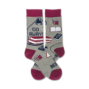 book-themed gray crew socks with a burgundy lamp and 