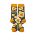 Crew socks, dark gray with orange cuffs.  All-over fried egg design and 'Have an Egg-cellent Day!' text.