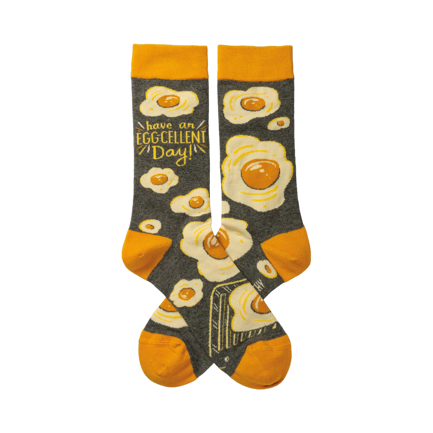 Crew socks, dark gray with orange cuffs.  All-over fried egg design and 'Have an Egg-cellent Day!' text.