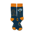 Pair of teal crew socks with an orange cuff.  The socks feature a globe on a tripod and the inspirational quote, 'Be the change you wish to see in the world'.