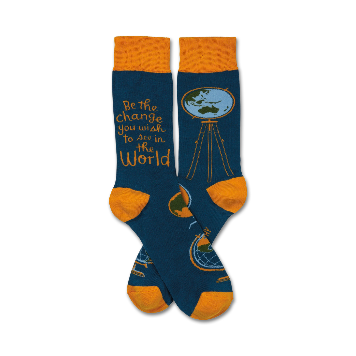Pair of teal crew socks with an orange cuff.  The socks feature a globe on a tripod and the inspirational quote, 'Be the change you wish to see in the world'.