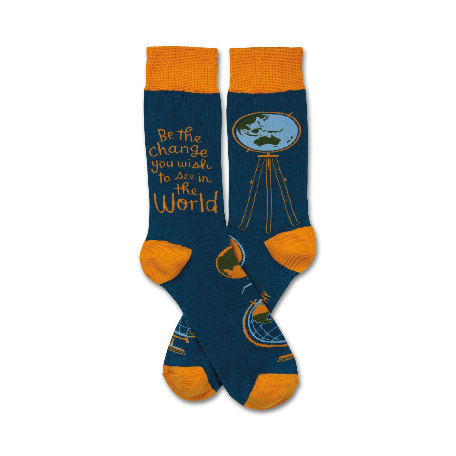 Pair of teal crew socks with an orange cuff.  The socks feature a globe on a tripod and the inspirational quote, 'Be the change you wish to see in the world'.