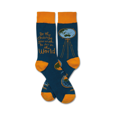 crew length blue socks with orange toes, heels and cuffs. feature globes with the text 'be the change you wish to see in the world.' men's and women's inspirational socks.  